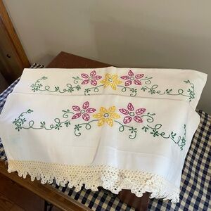 Floral Embroidered Pillowcases with Crochet Lacey Trim